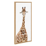 Portrait-oriented framed canvas featuring a standing giraffe with light brown and white patterned fur against a white background.