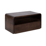 Rectangular dark wood side table with rounded edges and an open storage shelf above a solid drawer, shown against a white background.