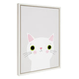 Framed canvas art titled 'Sylvie White Cat with Green Eyes' showing a white cat with green eyes on a wall