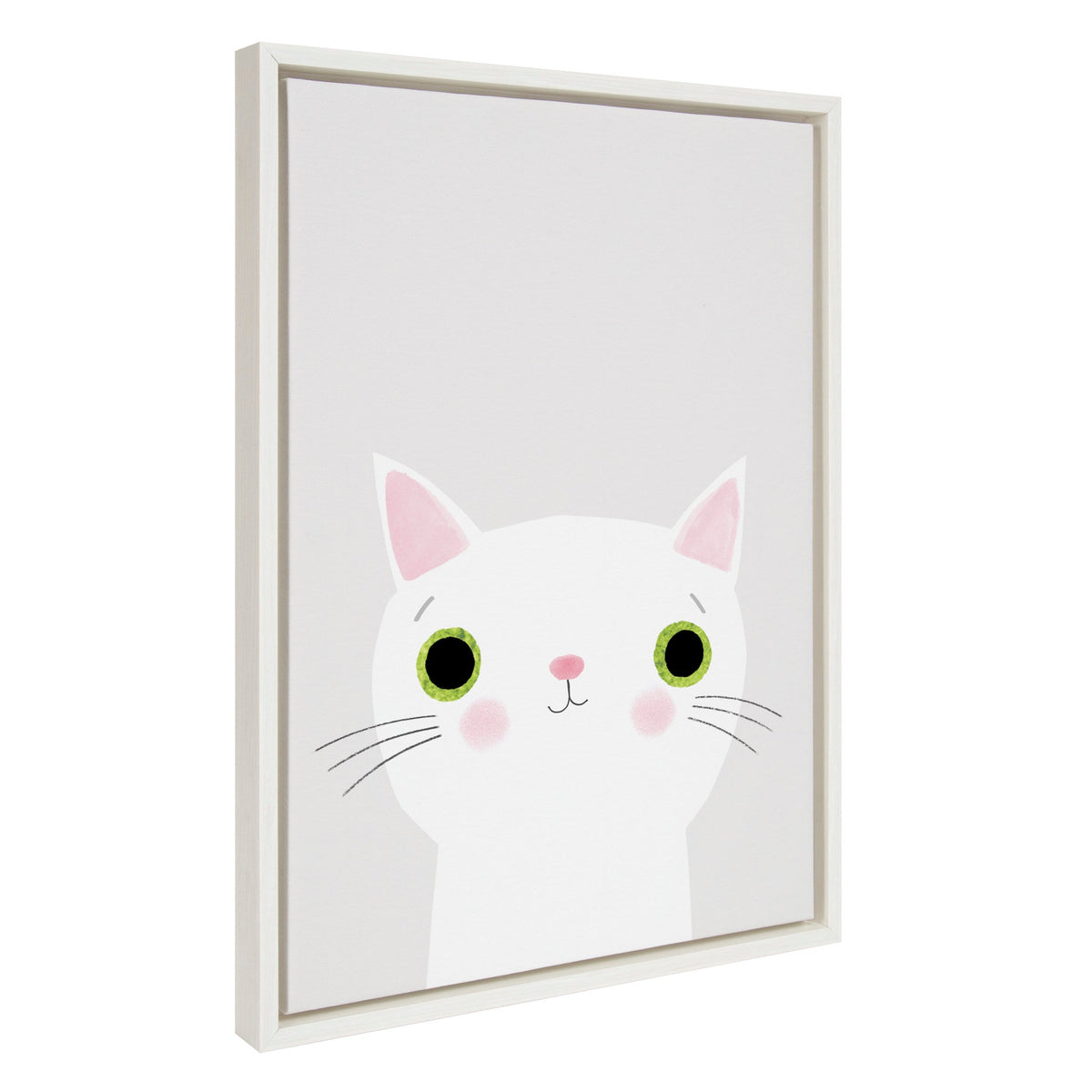 Framed canvas art titled 'Sylvie White Cat with Green Eyes' showing a white cat with green eyes on a wall