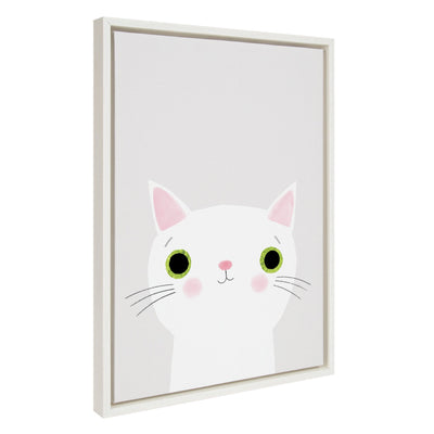 Framed canvas art titled 'Sylvie White Cat with Green Eyes' showing a white cat with green eyes on a wall