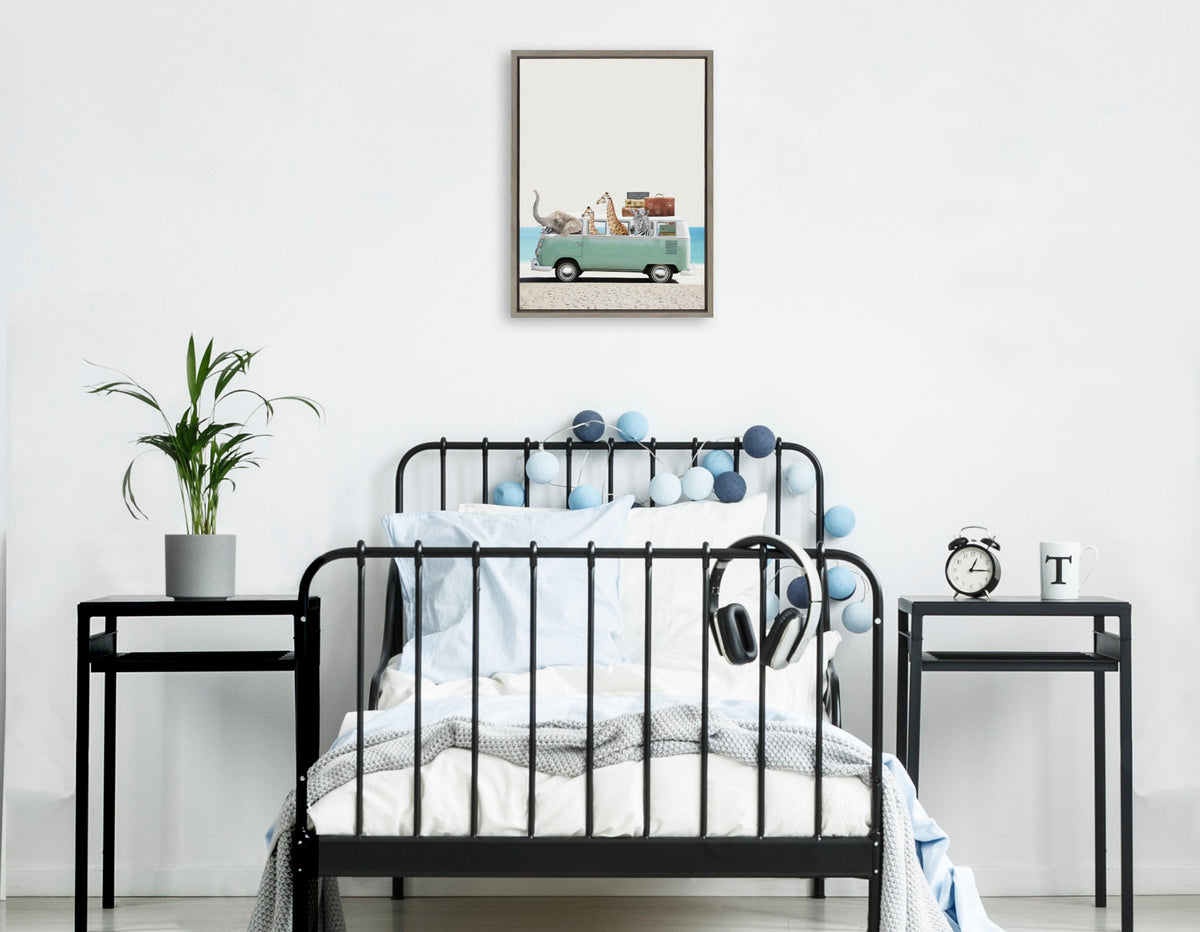 Children's bedroom with black metal bedframe draped in blue and white ball string lights, flanked by black side tables and a framed canvas of animals in a turquoise van above.