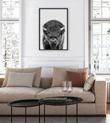 Black and white portrait of a bison centered in a simple black frame hanging above a beige sofa with brown and patterned pillows in a bright living room with large windows.