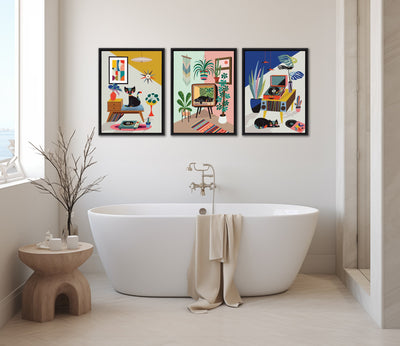 Sylvie Record Player, TV Cat Bed and Chill Out Saturday Framed Canvas Art Set by Rachel Lee of My Dream Wall