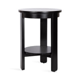 Black round wood side table with three straight legs and a lower circular shelf, shown against a white background.