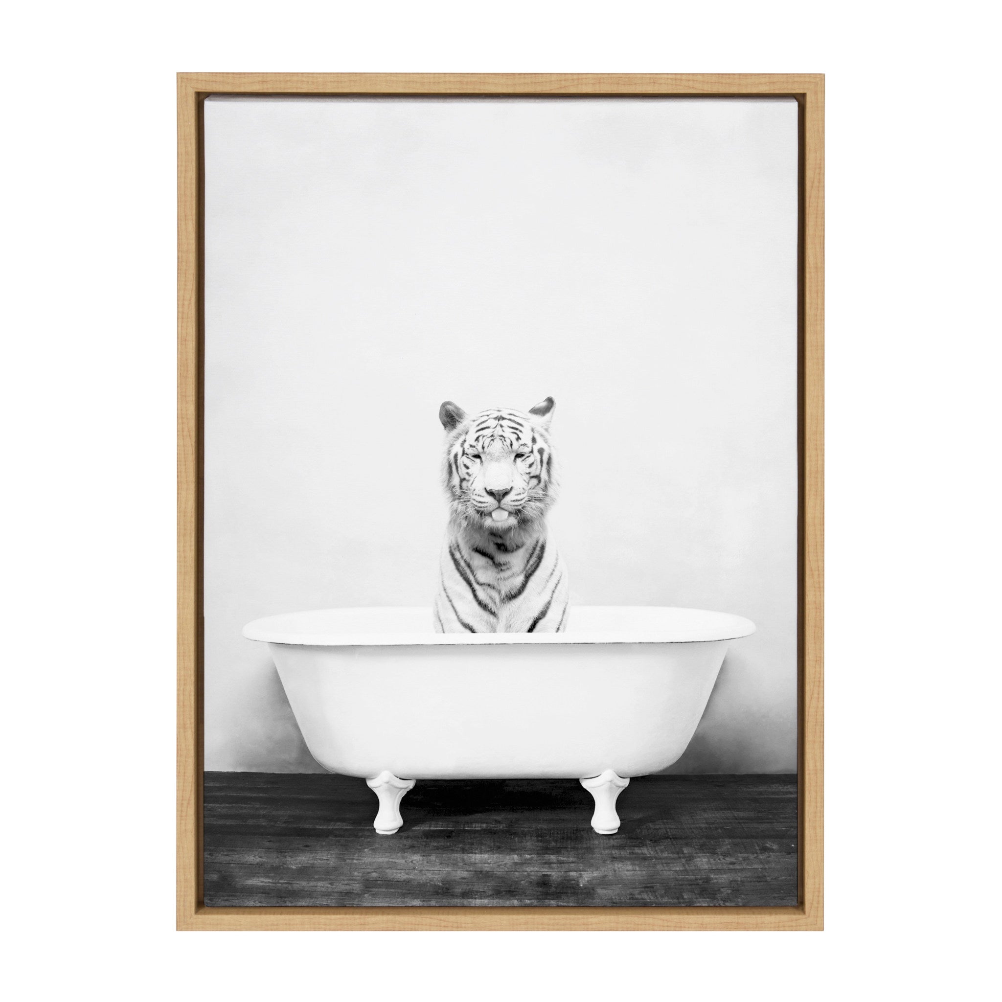 Sylvie White Tiger in The Bathtub Framed Canvas by Amy Peterson by kateandlaurel - main product image for Resin Society