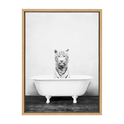 Sylvie White Tiger in The Bathtub Framed Canvas by Amy Peterson by kateandlaurel - main product image for Resin Society