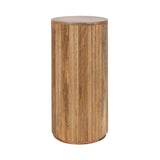 Cylindrical wooden side table with vertical stripes in various warm brown tones, showing a smooth flat top and a seamless rounded edge design.