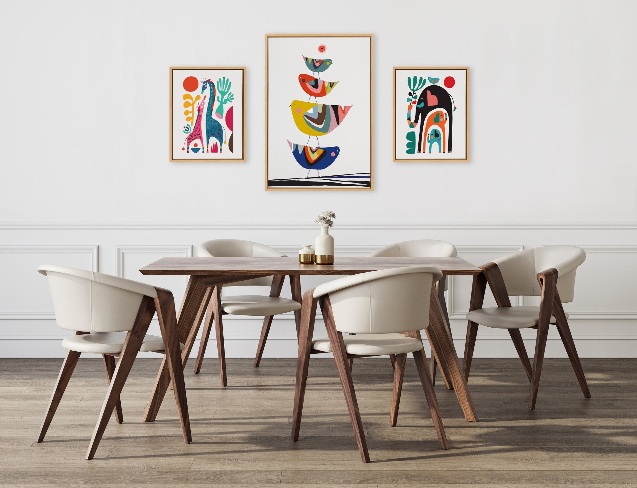 Sylvie Family Tree 4 Birds, Giraffe Love and Three Elephants Framed Canvas Art Set by Rachel Lee of My Dream Wall