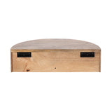 Half-circle wooden shelf with a smooth natural finish, featuring two black metal mounting brackets on the flat back edge for wall attachment.