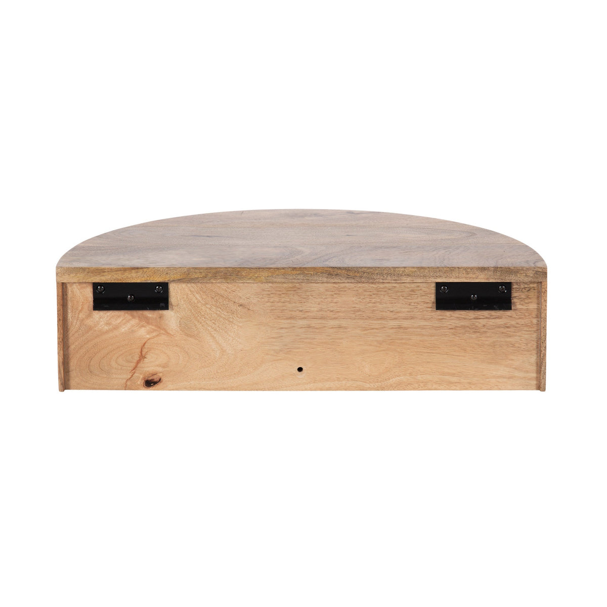 Half-circle wooden shelf with a smooth natural finish, featuring two black metal mounting brackets on the flat back edge for wall attachment.