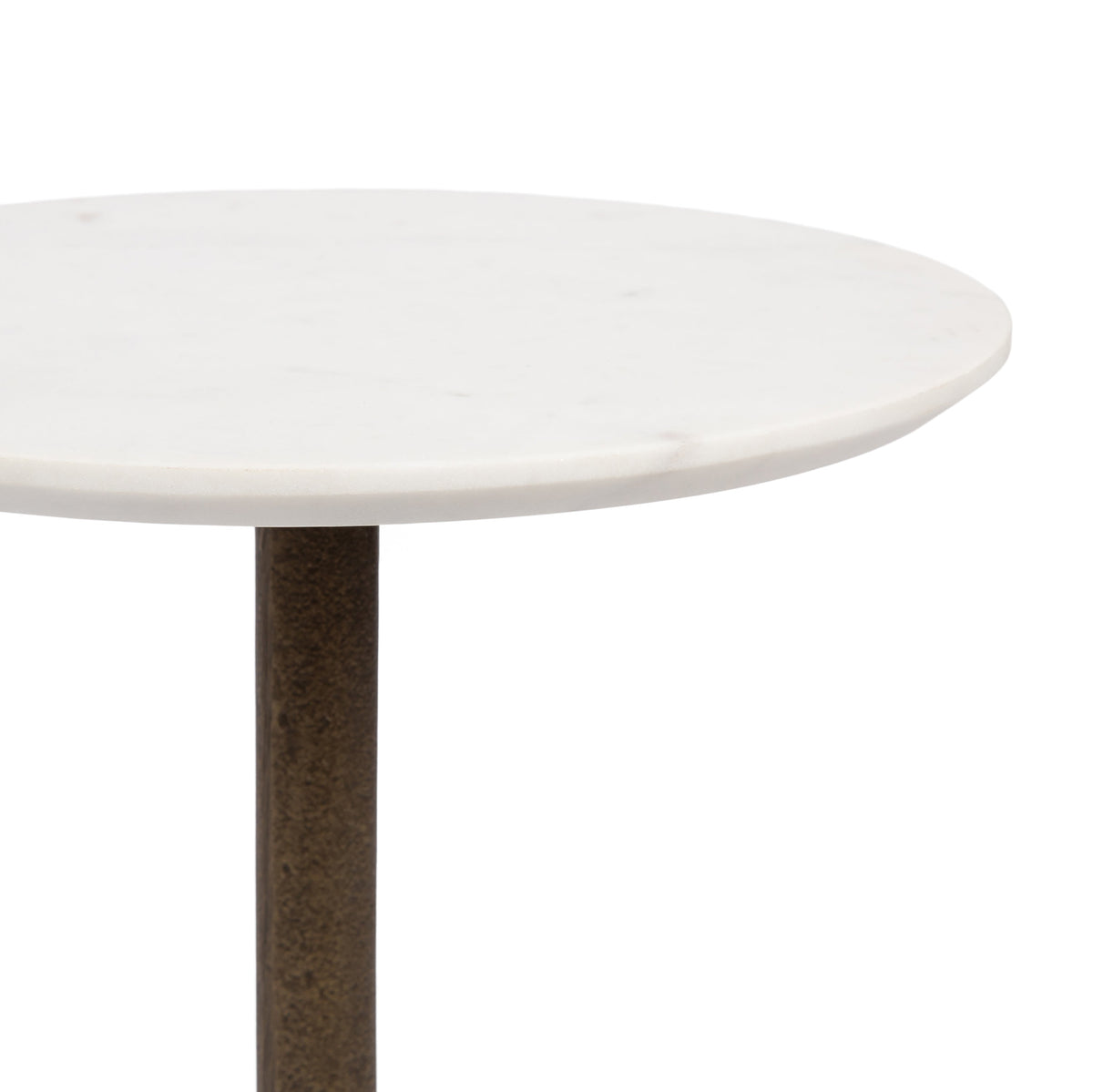 Close-up of a round white marble tabletop with subtle gray veining, supported by a textured dark metal cylindrical leg, against a white background.