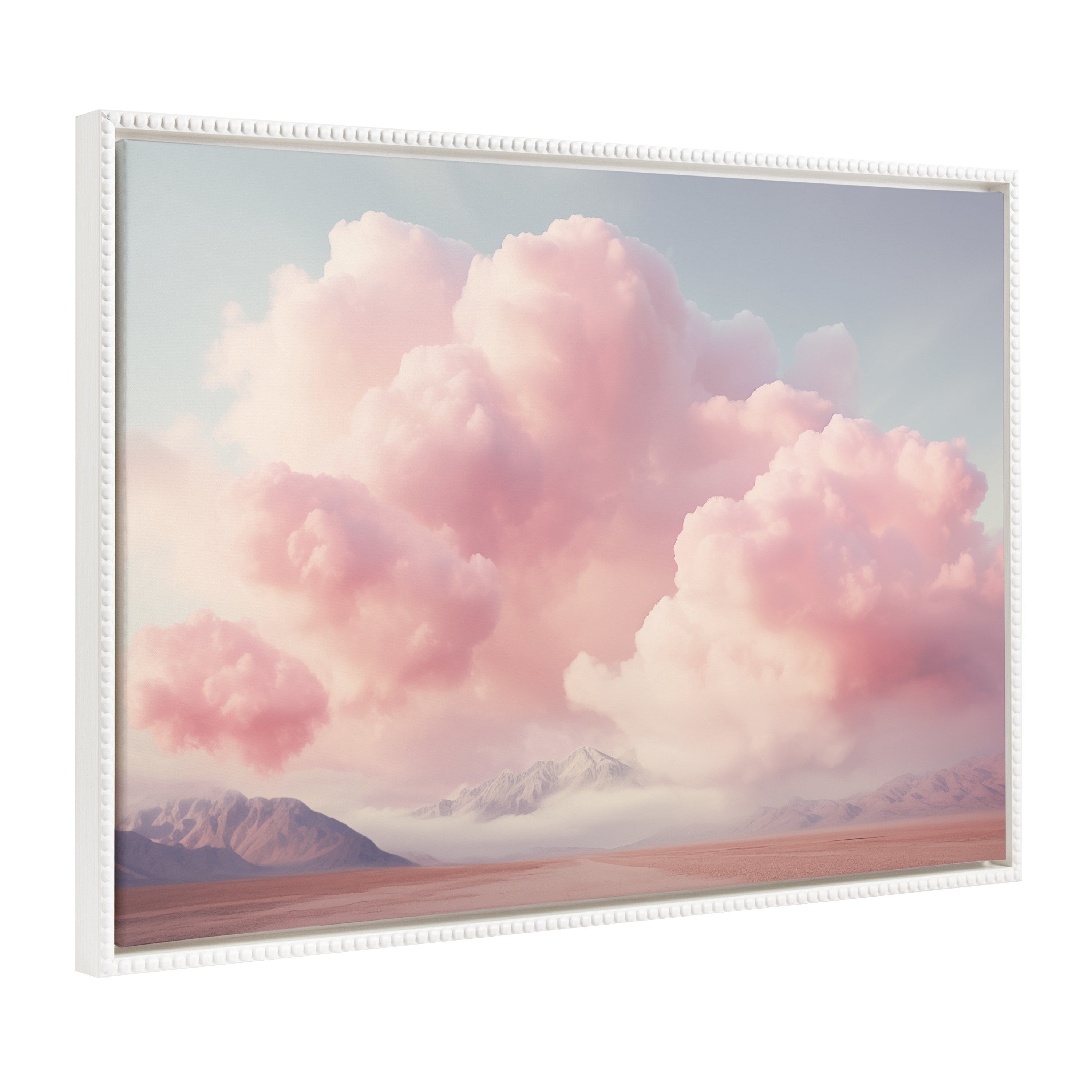 Vintage framed canvas art depicting pink cotton candy clouds over a mountain landscape
