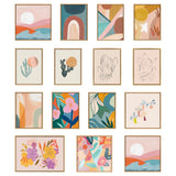 Grid of 15 framed artworks with abstract shapes, plants, and colorful floral designs, featuring soft pinks, greens, yellows, and blues with varied organic and geometric patterns.