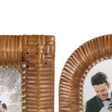 Two tabletop picture frames with woven and ribbed wooden textures surrounding photos, one square and one round, shown against a white background.