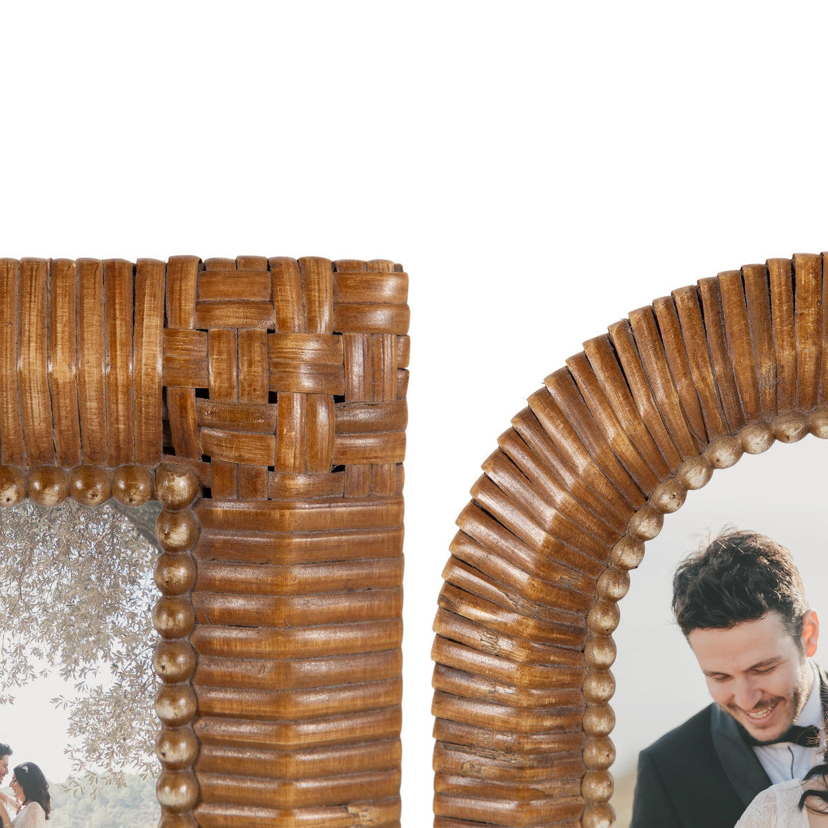 Two tabletop picture frames with woven and ribbed wooden textures surrounding photos, one square and one round, shown against a white background.