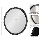 Round wall mirror with a 24-inch satin black stepped frame adorned with evenly spaced spherical beads and D-ring hangers on the back, center glass diameter 21.5 inches.