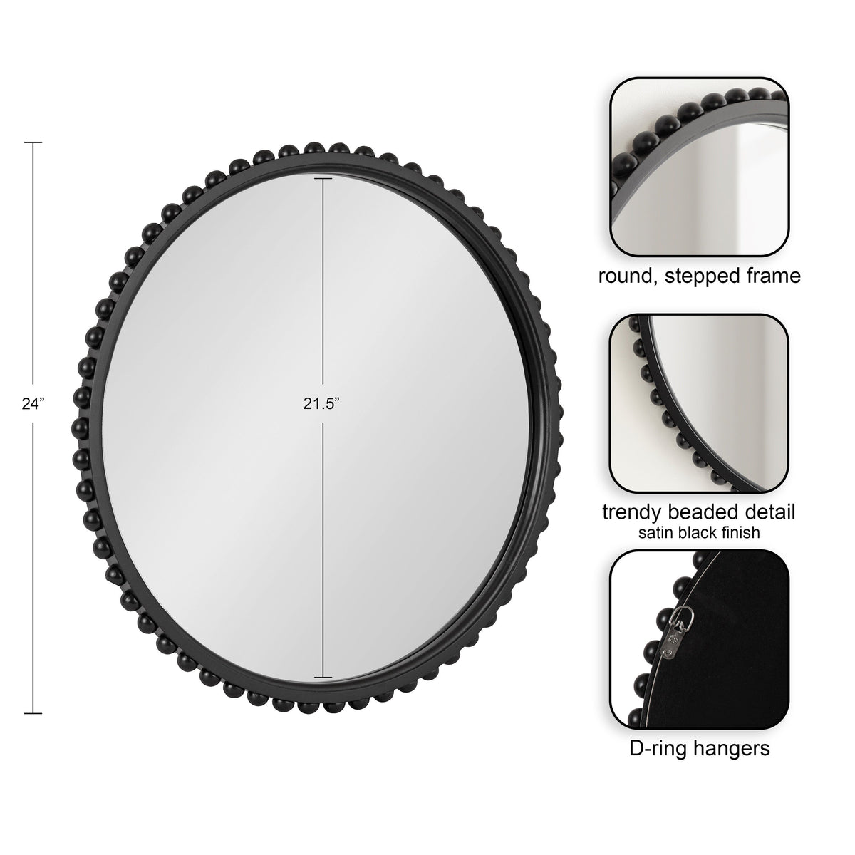 Round wall mirror with a 24-inch satin black stepped frame adorned with evenly spaced spherical beads and D-ring hangers on the back, center glass diameter 21.5 inches.