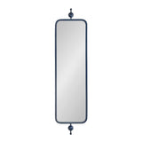 Tall rectangular mirror with rounded corners in a slim dark blue metal frame accented by decorative spheres at top and bottom, shown on white background.