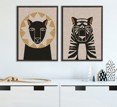 Sylvie Lion Profile Neutral Linen and Tiger Profile Neutral Linen Framed Canvas Art Set by Hannah Beisang