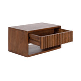 Rectangular floating-style wooden side table with open storage and a partially open drawer featuring vertical grooves on its front, shown on white background.
