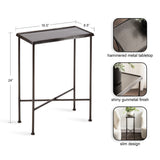 Slim metal side table with a hammered tabletop and shiny gunmetal finish, supported by slender legs with cross braces, shown with dimensions and detail insets.