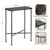 Slim black metal side table with hammered tabletop texture, four thin legs, and crossbars, standing 24 inches tall with a shiny black finish.