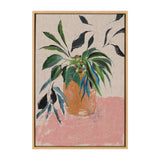 Painting of green and blue leafy foliage in an orange-brown vase set against a neutral linen background with pink at the bottom, framed in light wood.