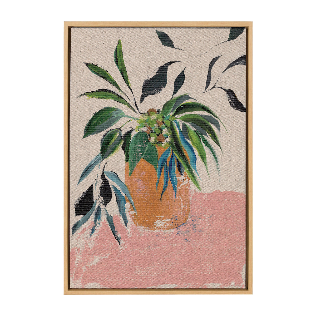 Painting of green and blue leafy foliage in an orange-brown vase set against a neutral linen background with pink at the bottom, framed in light wood.