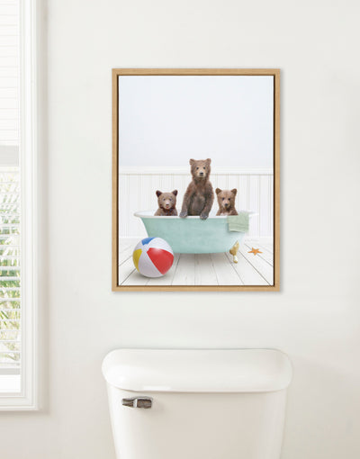 Sylvie Three Bear Cubs In Beach House Bath Framed Canvas by Amy Peterson