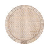 Round woven tabletop with a light beige and white checker pattern and a textured carved wooden outer rim with vertical lines.