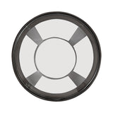 Top-down view of a round metal frame with four equally spaced spokes and a central circular plate, all in matte black finish on a white background.