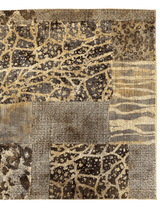 Square area rug with an abstract patchwork of leopard spots, tree branch silhouettes, and textured stripes in beige, brown, and taupe tones.