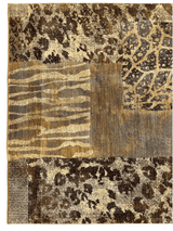 Patterned area rug with overlapping rectangular sections featuring animal print motifs in brown, beige, and gray tones with textured woven detailing.