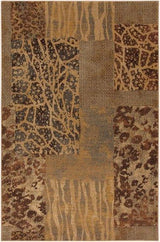 Rectangular area rug with a patchwork design of animal print patterns in shades of brown, beige, and tan, featuring leopard and zebra motifs.