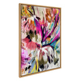 Abstract floral painting with vibrant pink, orange, yellow, and blue brushstrokes on a white background, framed in natural wood.