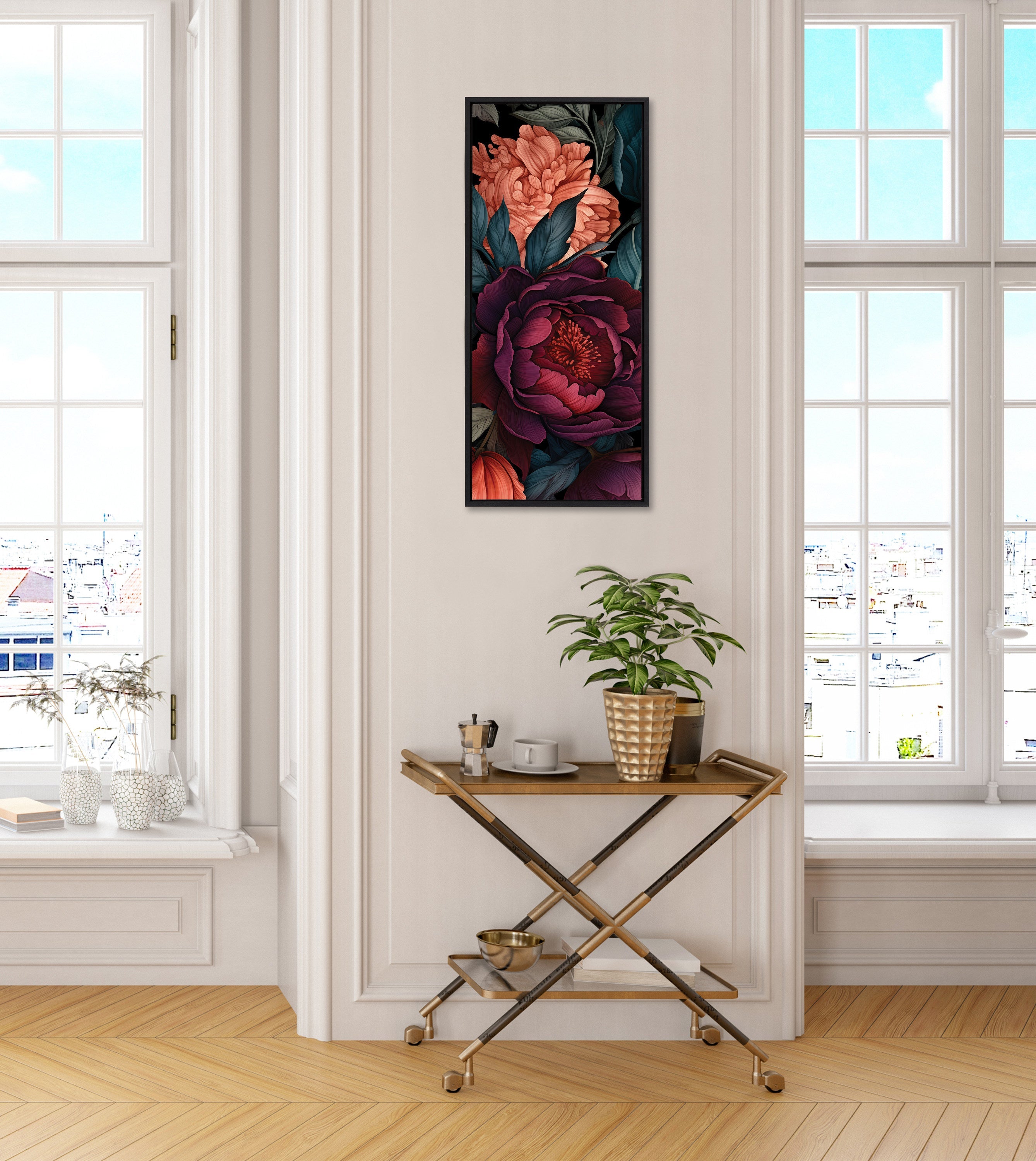 Sylvie Dark Academia Floral in Rich Jewel Tones Framed Canvas by The Creative Bunch Studio