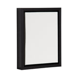 Black wooden rectangular frame surrounding a blank white 8x10 canvas, shown slightly angled on a white background.