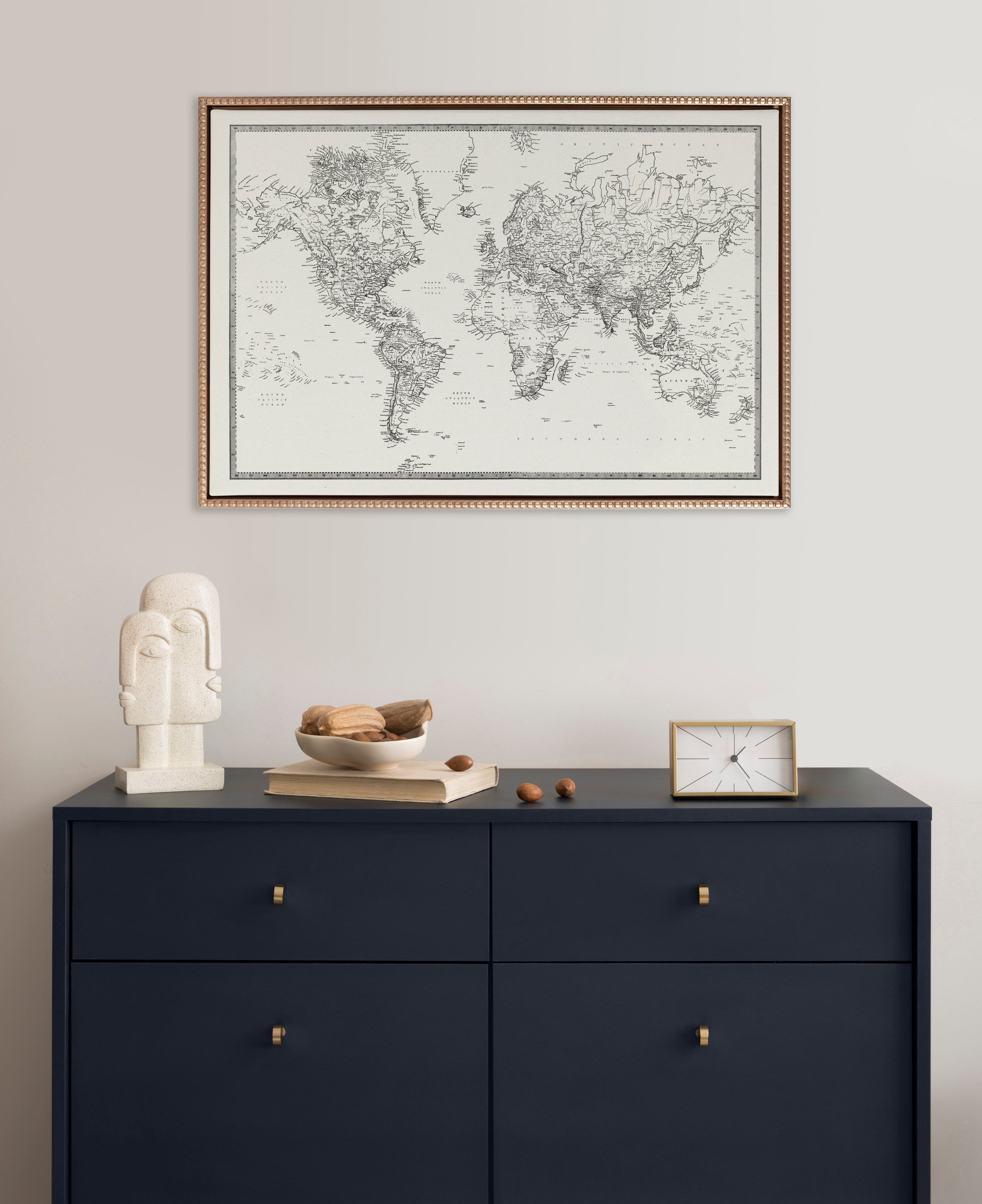 Sylvie Beaded Vintage Black and White World Map Framed Canvas by The Creative Bunch Studio