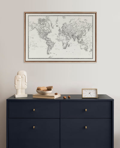 Sylvie Beaded Vintage Black and White World Map Framed Canvas by The Creative Bunch Studio
