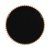 Back view of a round wall mirror with a wooden frame featuring evenly spaced rounded wooden knobs along the perimeter and two metal hanging loops