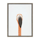 Close-up portrait of a flamingo with a tall orange neck and large black beak against a white background, framed in a simple gray frame.