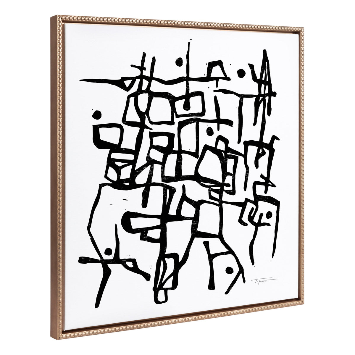 Sylvie Beaded Organic Lines black and white abstract framed canvas with gold frame hung on a neutral wall