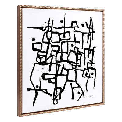 Sylvie Beaded Organic Lines black and white abstract framed canvas with gold frame hung on a neutral wall