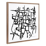 Abstract black lines and dots forming irregular geometric shapes on a white canvas within a textured light brown wooden frame.