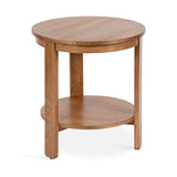 Round wooden side table with a warm brown finish, featuring a solid top and a lower circular shelf supported by three straight legs.