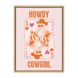 Playing card inspired design with orange and pink queen of hearts as a cowgirl wearing a hat and sunglasses, holding drinks, framed on pale pink background.