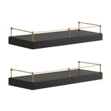 Havina Floating Shelf Set displaying decorative items on wooden shelves with a supportive railing in a modern interior setting.