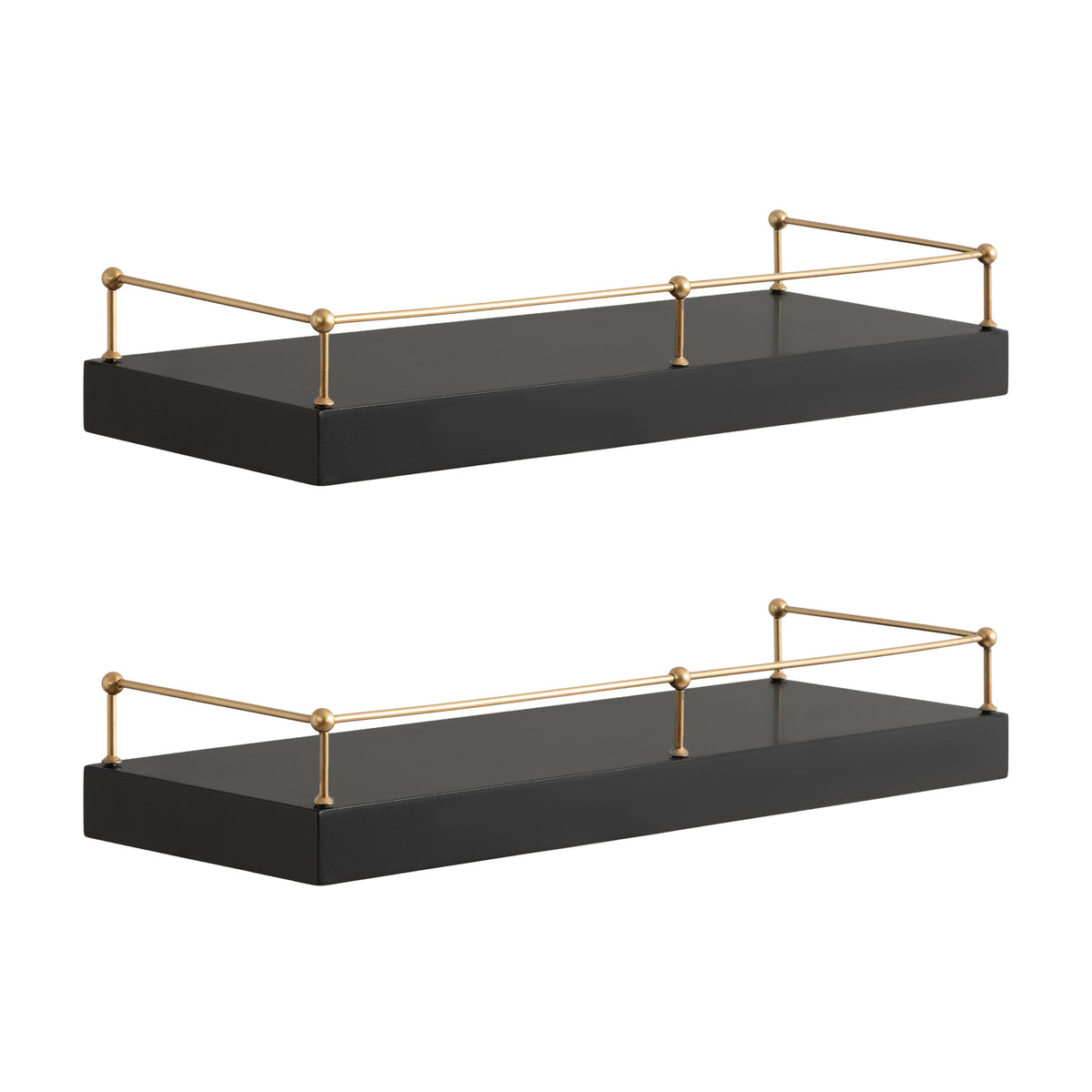 Havina Floating Shelf Set displaying decorative items on wooden shelves with a supportive railing in a modern interior setting.