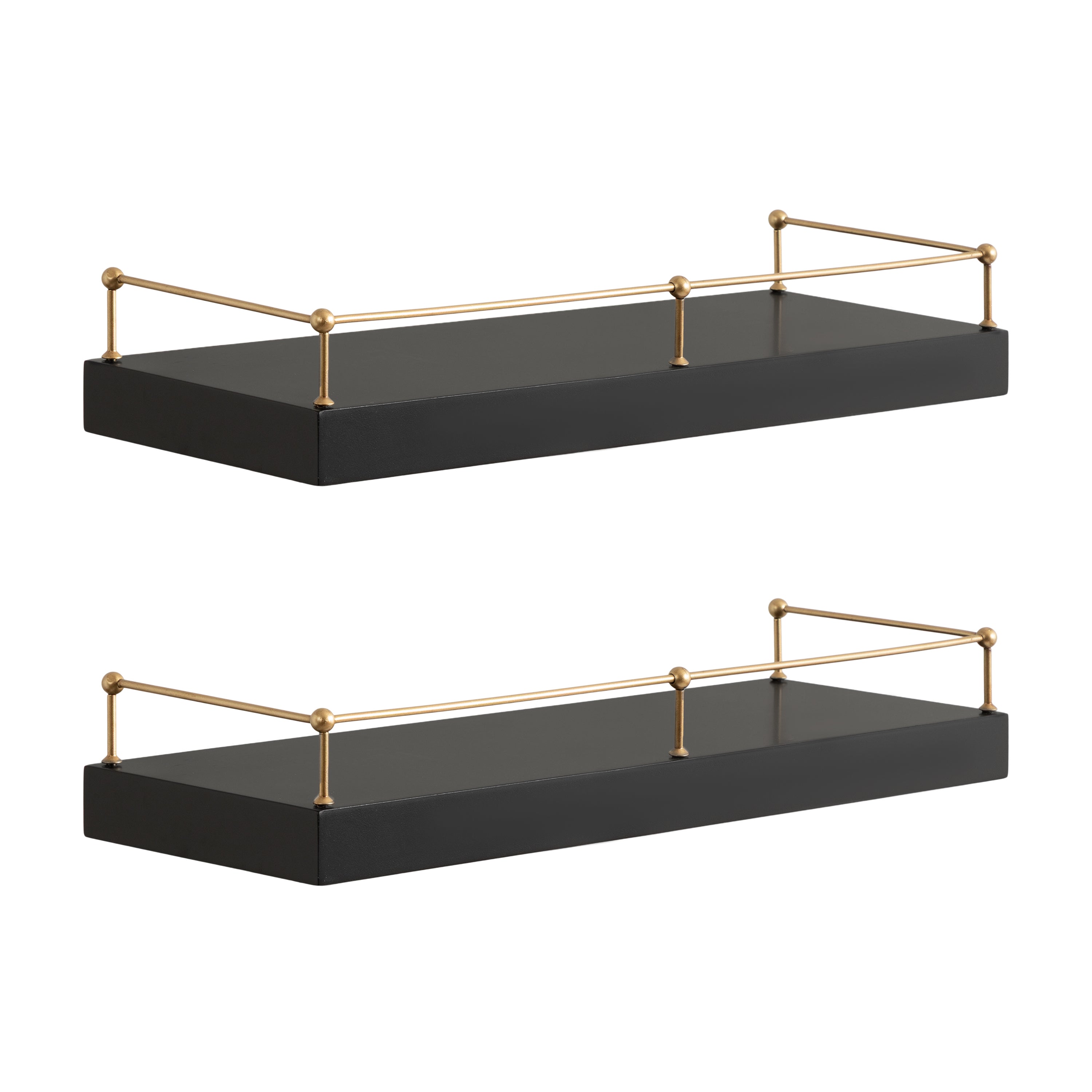 Havina Floating Shelf Set displaying decorative items on wooden shelves with a supportive railing in a modern interior setting.